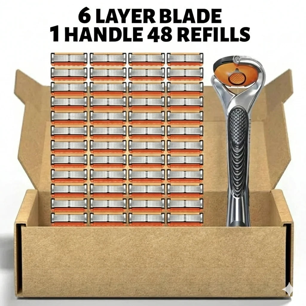🪒 Premium 6-Layer Razor Kit | 48 Razor Refills + Free Handle | Smooth, Close & Comfortable Shave | Only ₹699